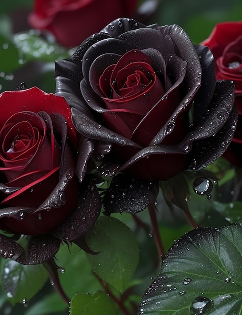 Black very dark red roses with many raindrops dew generated by ai
