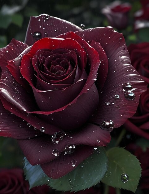 Black very dark red roses with many raindrops dew generated by ai