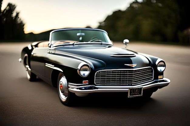 A black vintage car is driving down a road.