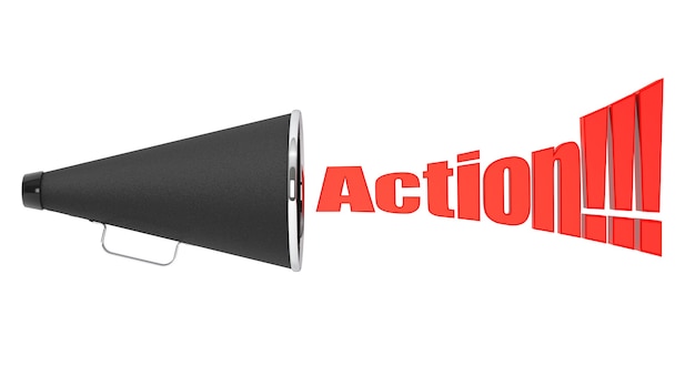 Black Vintage Megaphone with Action Sign on a white background