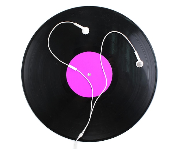 Photo black vinyl record and headphones isolated on white