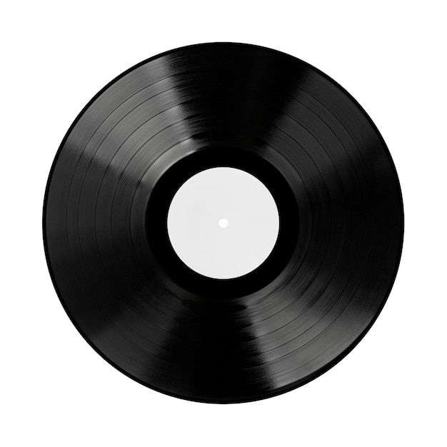 Photo black vinyl record with white blank label on a white background. 3d rendering