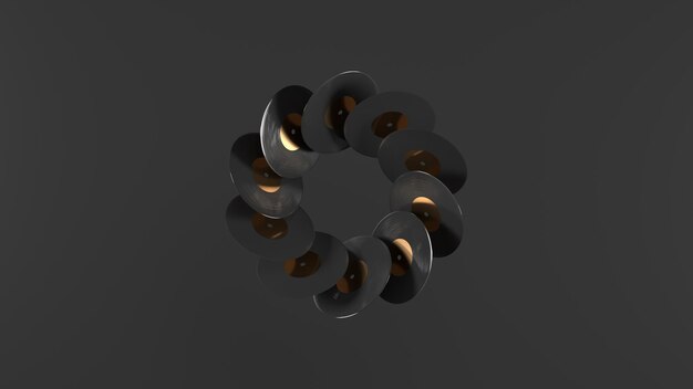 Black vinyl records fly in circle 3d render