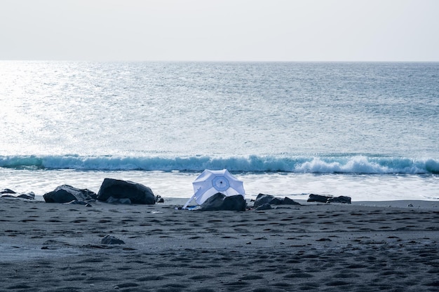 Black volcanic sand beach Janubio Beach Lanzarote Canary Islands Spain