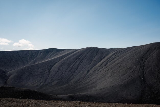 Black volcanic sand surface on the crater rim close up aerial view