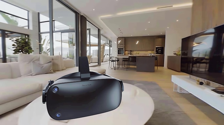 Фотография черная гарнитура vr сидит на белом кофейном столе в современной гостиной