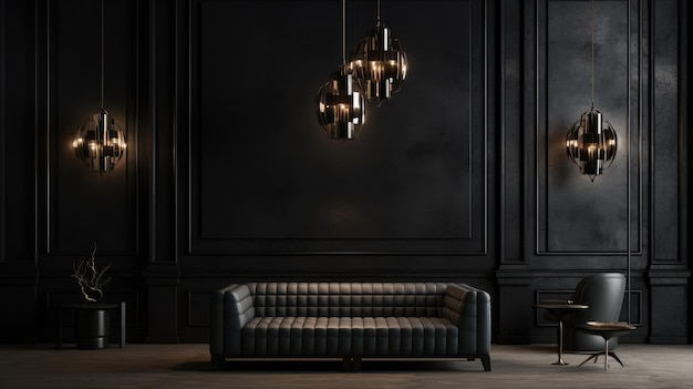 Фото Черная стена и черная мебель перед светильником
