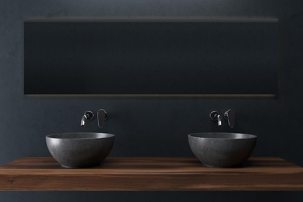 Black wall bathroom interior with a long wooden shelf with two black round sinks on it and a horizontal mirror. 3d rendering mock up