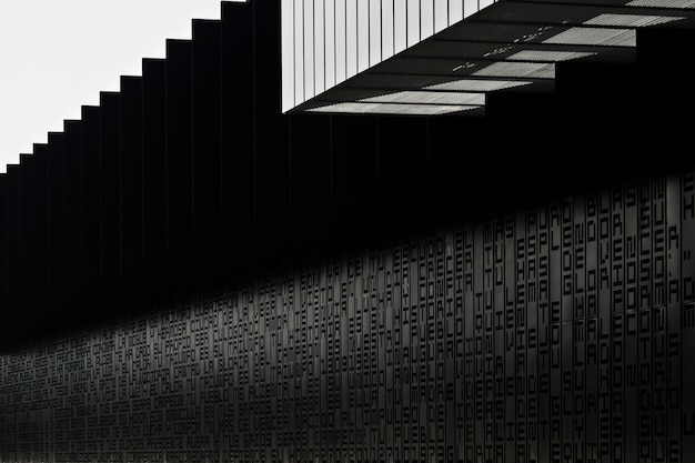 Черная стена футбольного стадиона с буквами и словами на ней и новая современная архитектура на севере Испании