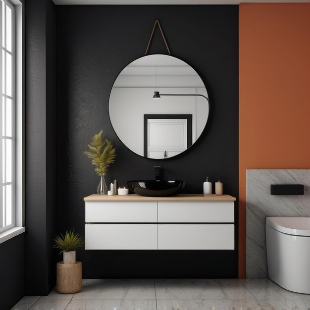 Black wall hung vanity with white round vessel sink near multicolored wall with mirror Minimalist