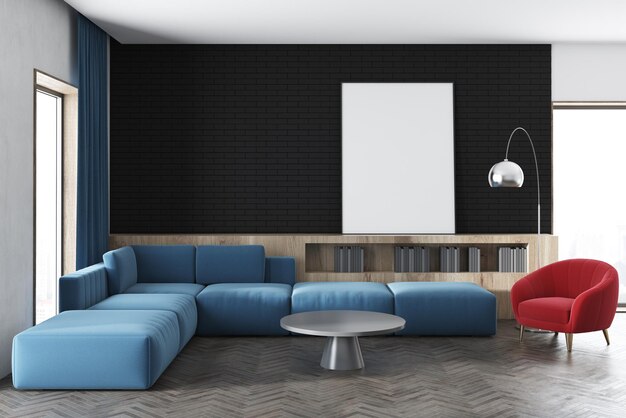 Black wall living room interior with a blue sofa, a red armchair, bookshelves and a framed vertical poster. 3d rendering mock up