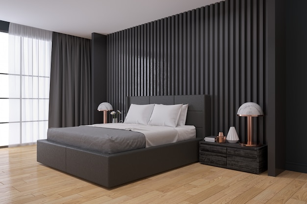 Black wall , Modern Bedroom interior 