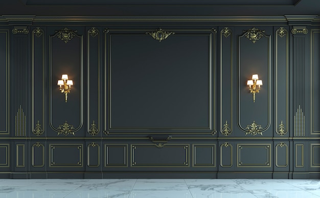 Black wall panels in classical style with gilding. 3d rendering