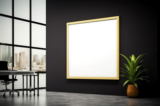 A black wall with a blank white poster on it.