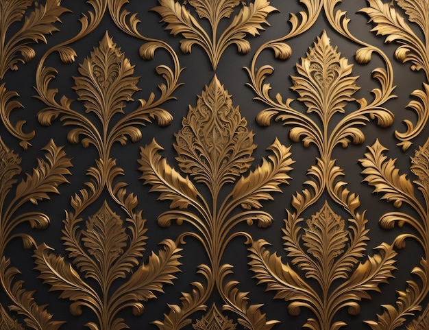 A black wall with gold leaf patterns.