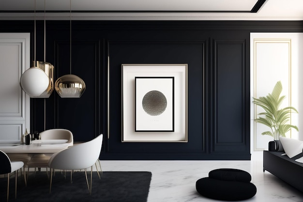 A black wall with a picture of a moon and a chair.