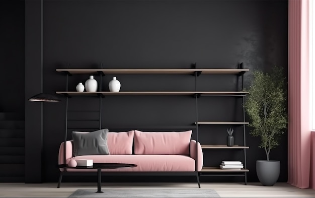 A black wall with a pink couch and a plant in the corner.