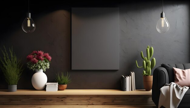 植物が描かれた黒い壁と空白のフレーム