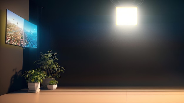 A black wall with a plant on it and a light on the wall