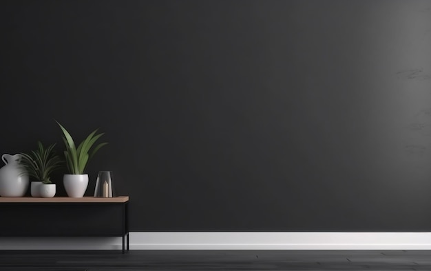 A black wall with a plant on it