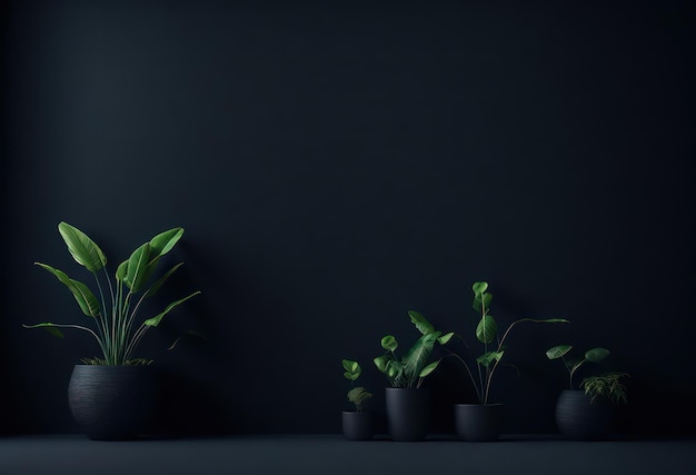 A black wall with plants in pots and a black background.