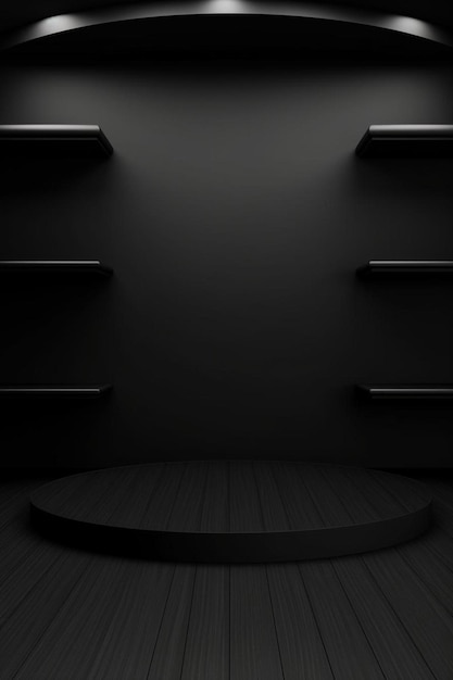 a black wall with a shelf that says   on it