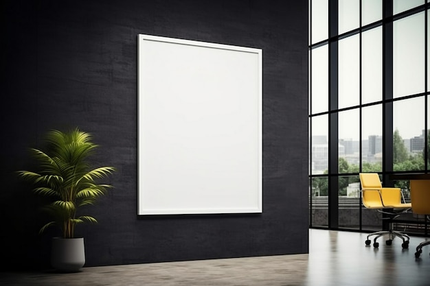 A black wall with a white poster on it