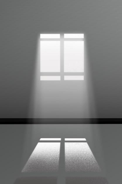 A black wall with a window and light shining through it.