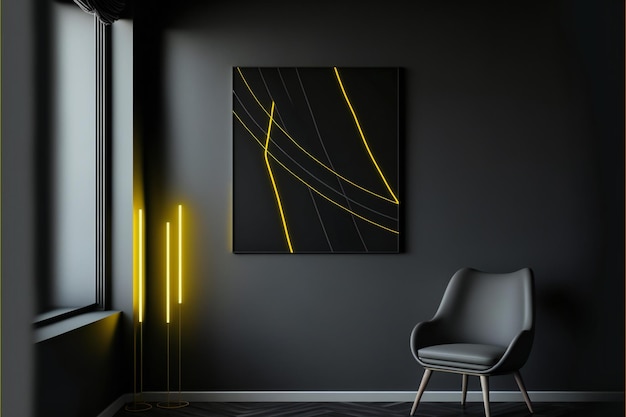 black wall with yellow line minimalist design interior