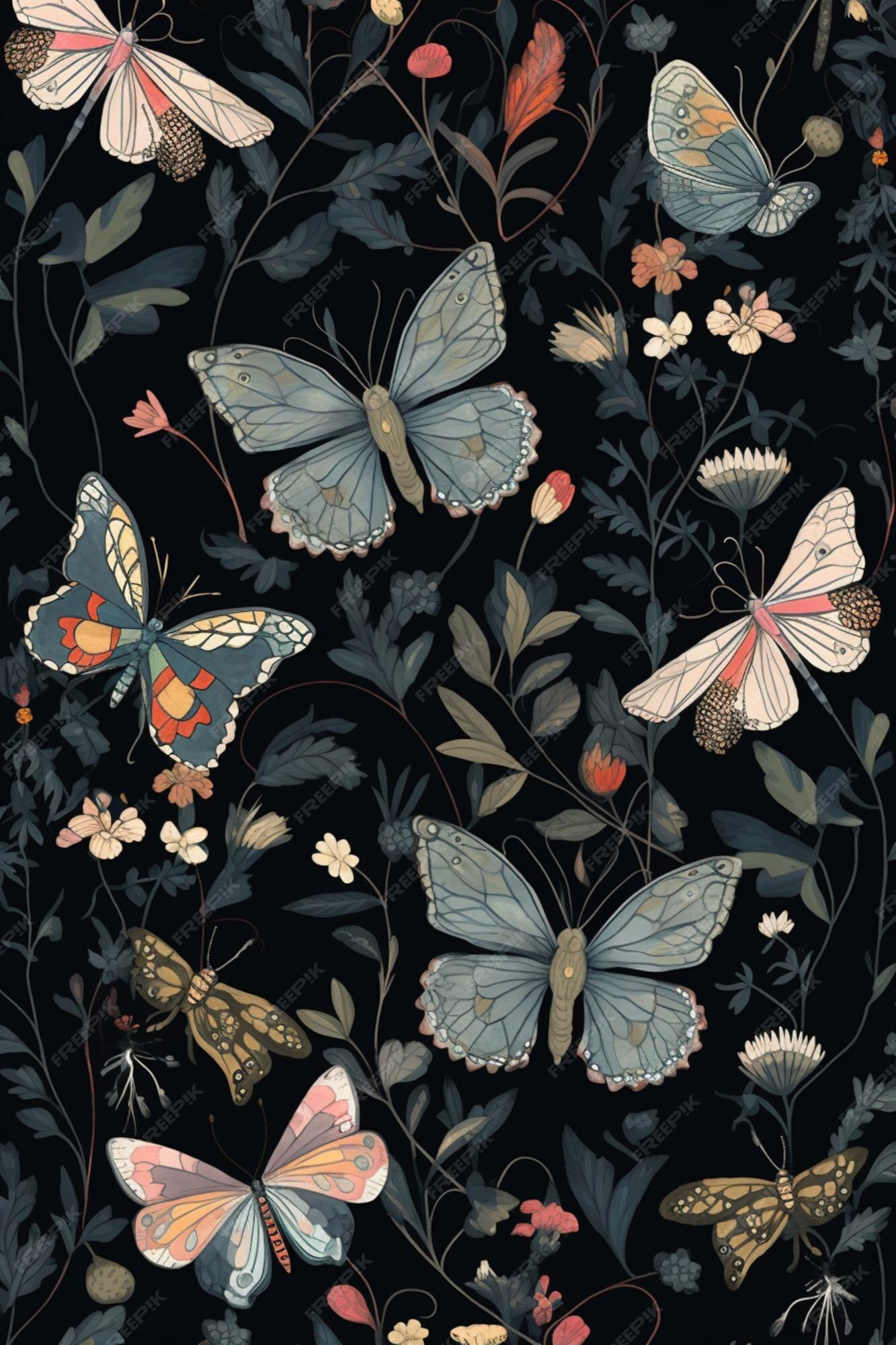 Premium AI Image | A black wallpaper with butterflies on it.