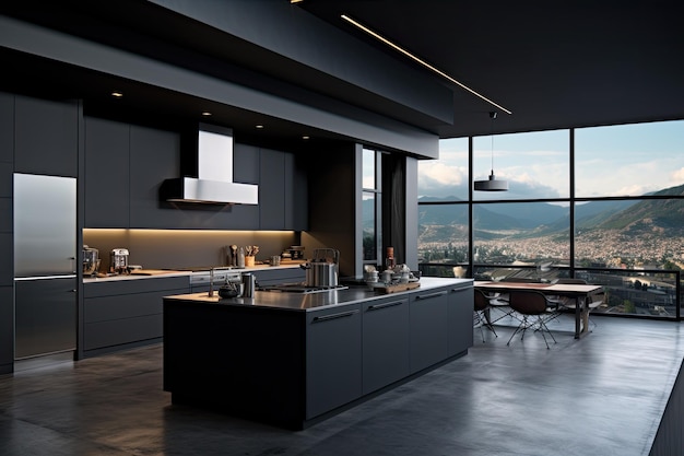 Фото Черные стены современная кухня с большим кухонным островом и окном с видом на холм