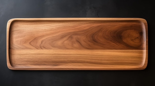 Black walnut wooden tray with beveled edges on a black background