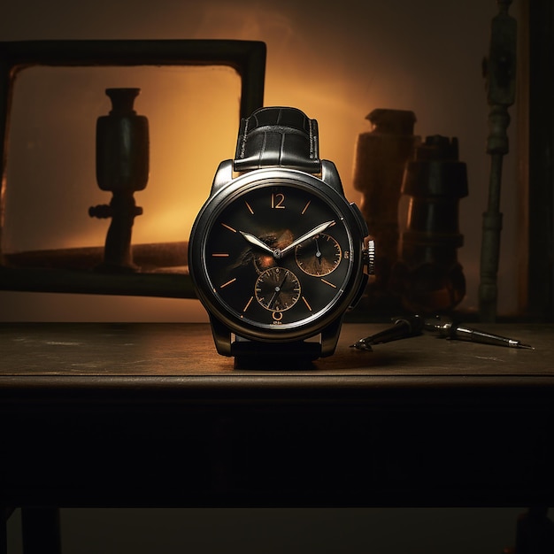 Photo a black watch with black dials sitting on a table