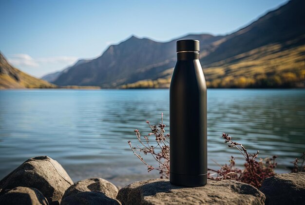 a black water bottle sits by a lake in front of a mountains in the style of sleek metallic finish