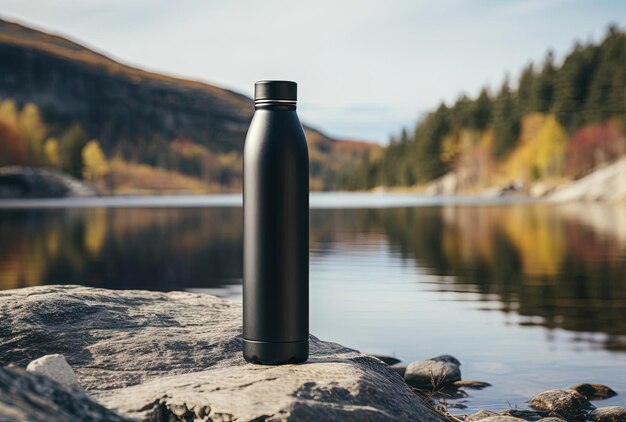 a black water bottle sitting on a stone near a lake in the style of sleek and stylized