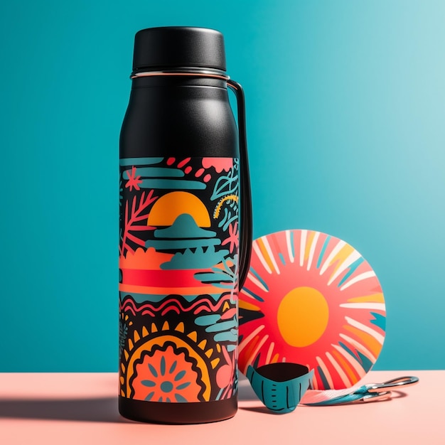 A black water bottle with a colorful design on the front.