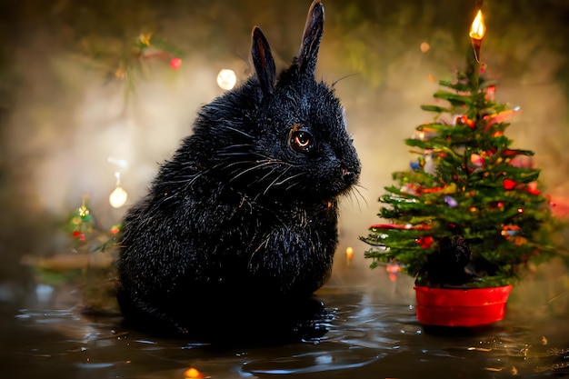 Black water rabbit near warm illuminated christmas tree in blurry background neural network ai