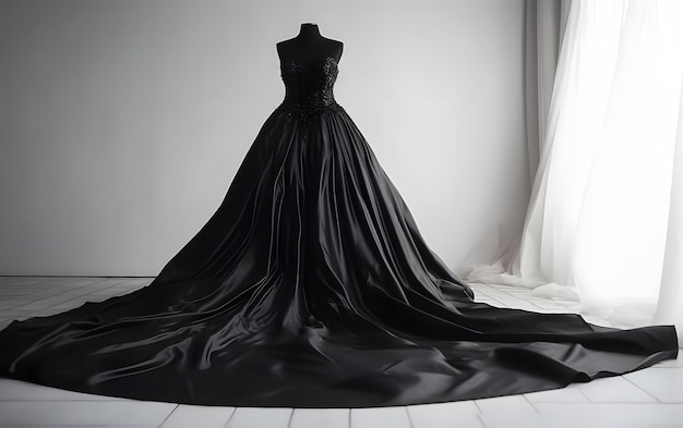 A black wedding dress with a long train on the front