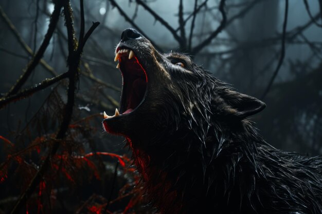 Photo a black werewolf is howling in the forest