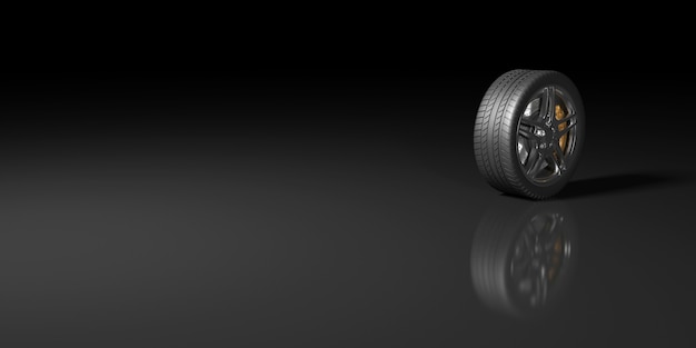 Black wheels on a black background in 3d illustration