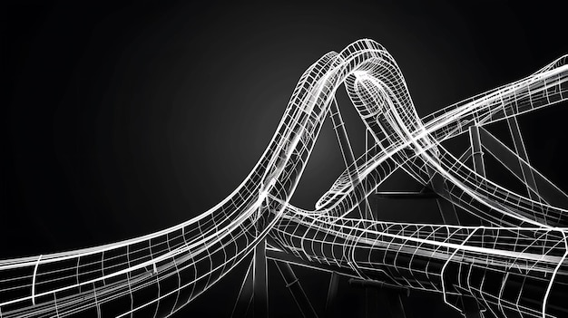 Photo black and white 3d rendering of a roller coaster the perspective is from below and the coaster is going up a hill