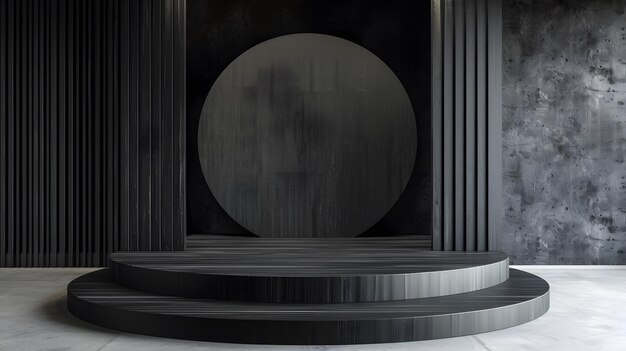 Black and white abstract background with a round podium in the center