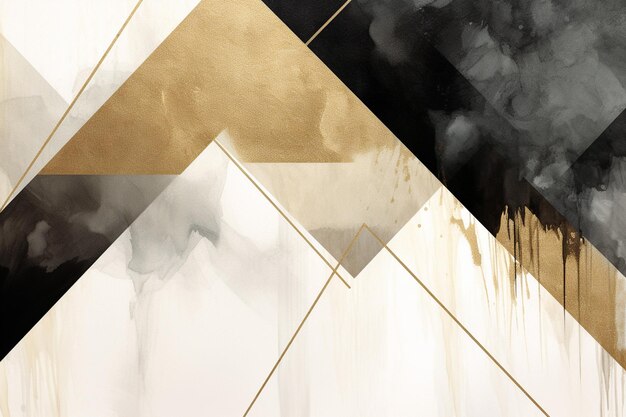 Photo black and white abstract black shapes a triangle light gold and dark watercolors