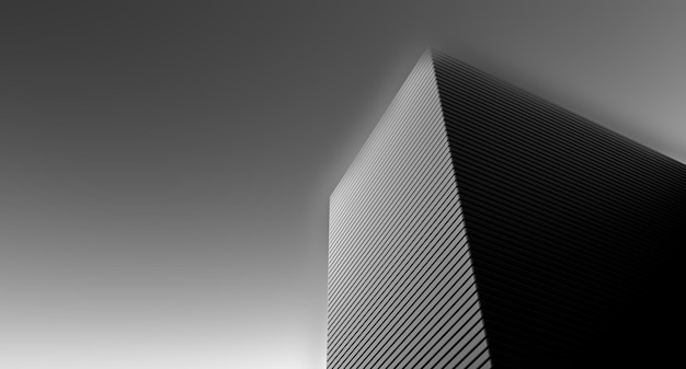 Black and white abstract highrise building on a gray background with blur Architectural abstract minimalism Highrise building black and white skyscraper on a gray background 3D render