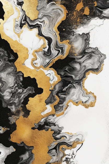 A black and white abstract painting with gold and black marble.