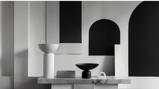 Foto natura morta astratta in bianco e nero forme geometriche e oggetti su tavolo di marmo arte moderna minimalista