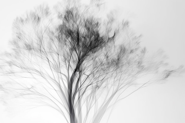 A black and white abstract tree with a pattern of leaves and lines