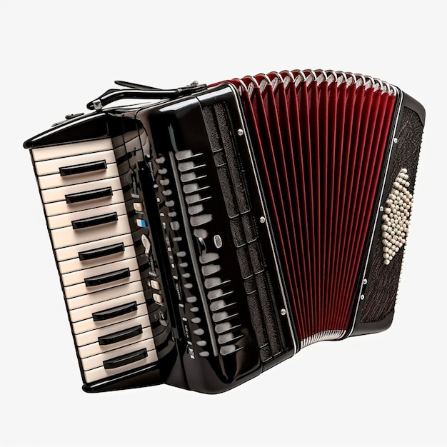A black and white accordion is open and has the word " the word " on it.