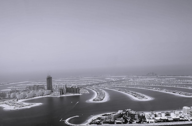 Black and White Aerial view from helicopter of the Palm Jumeirah Beach