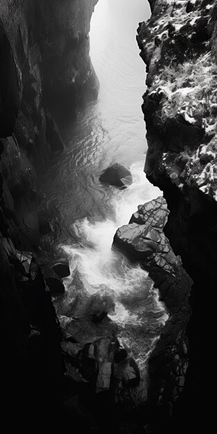 Photo black and white aerial view photography of a cave in water